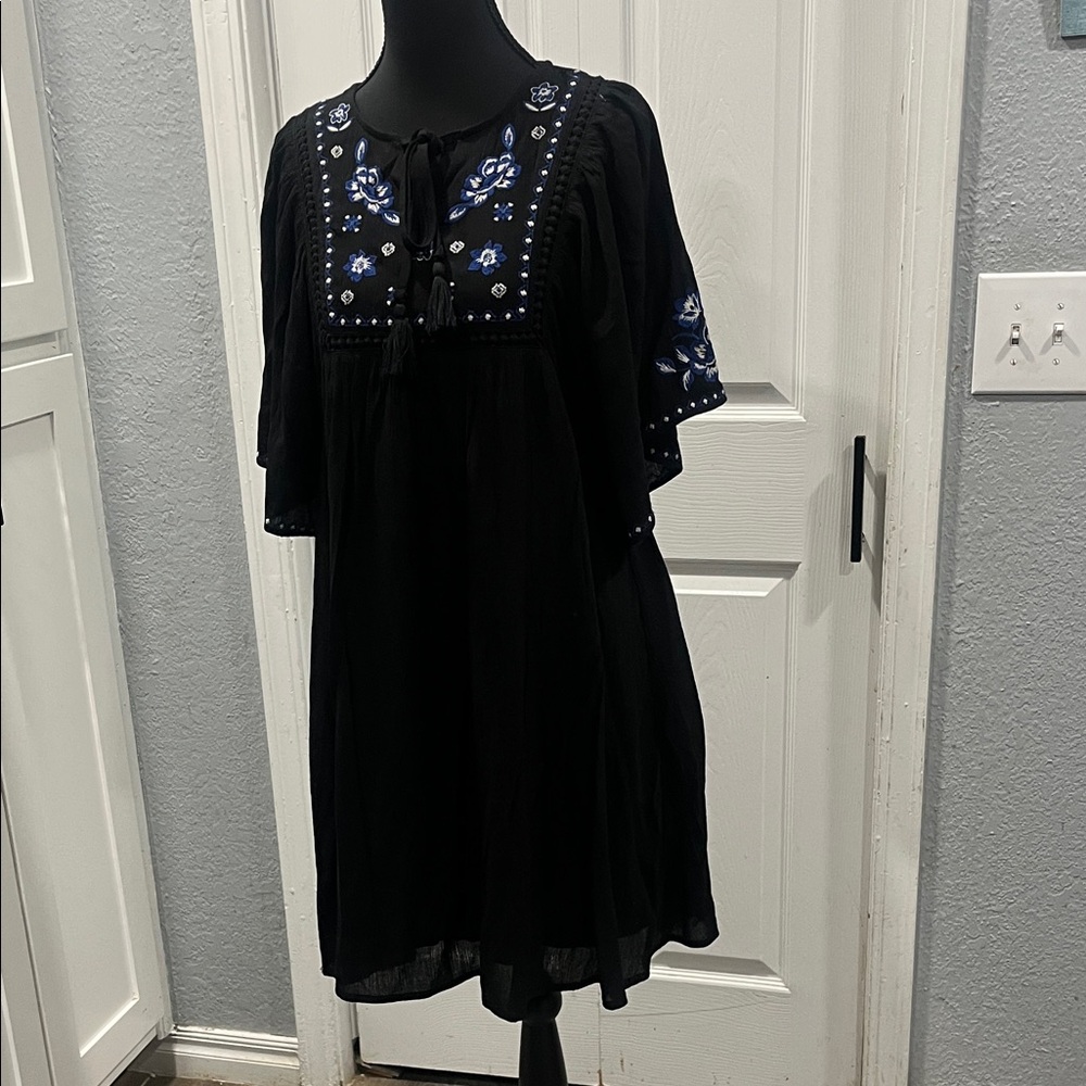 Blue Rain Black Dress with Blue Embroidery